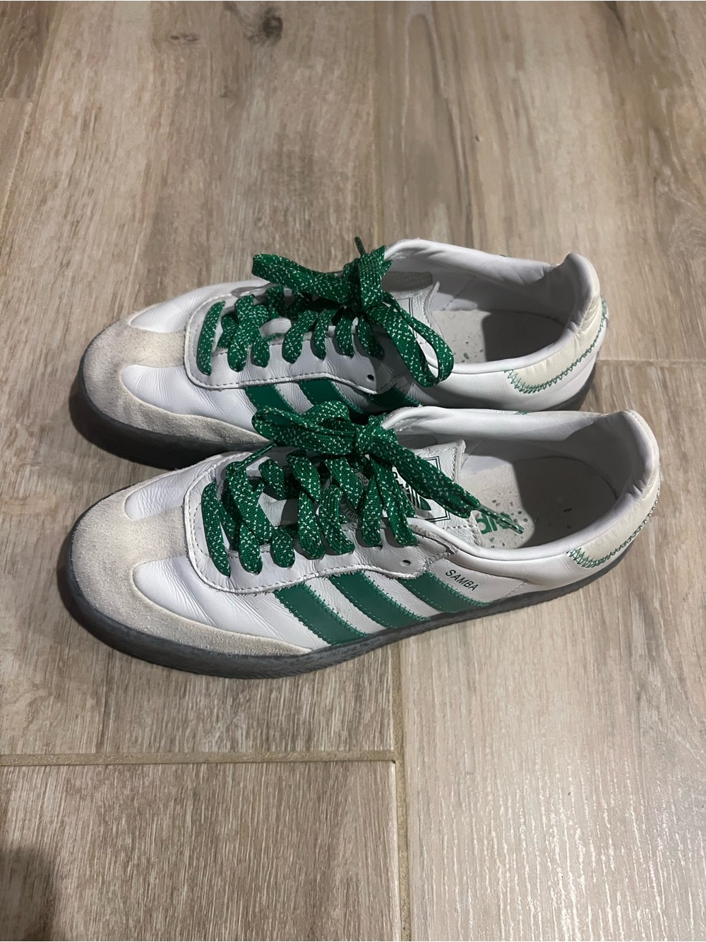 Adidas Sambae Leather Sneakers in White with Green Stripes